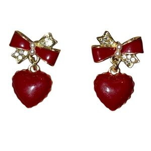 NEW Red Bow Heart Faux Pearl Stud Earrings Kawaii Cocktail Coquette Girl Jewelry